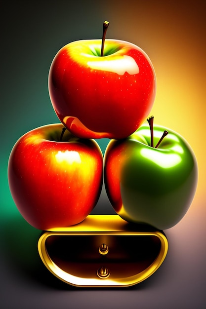 A stack of apples on top of a gold box.