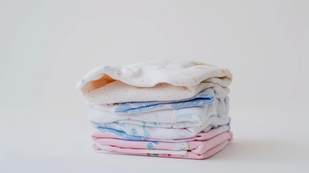 Stack of baby clothes sitting on a white background