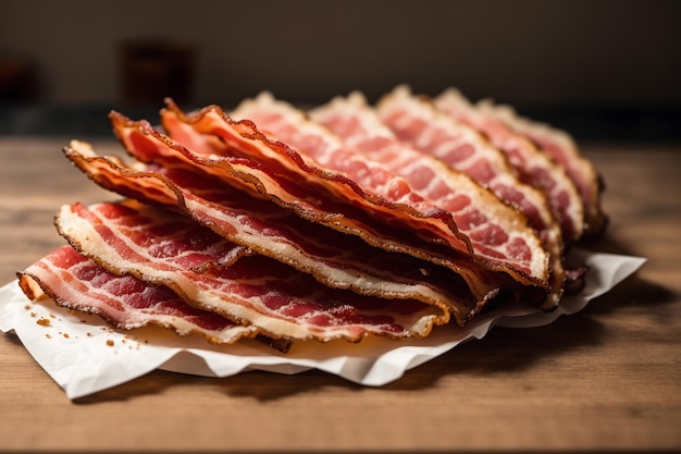 A stack of bacon on a table