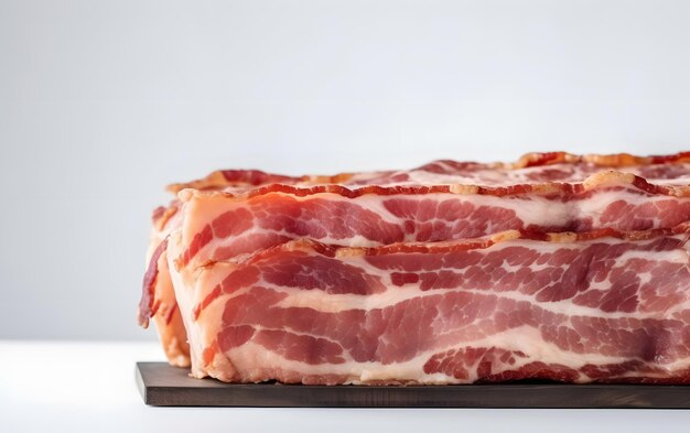 A stack of bacon on a wooden board