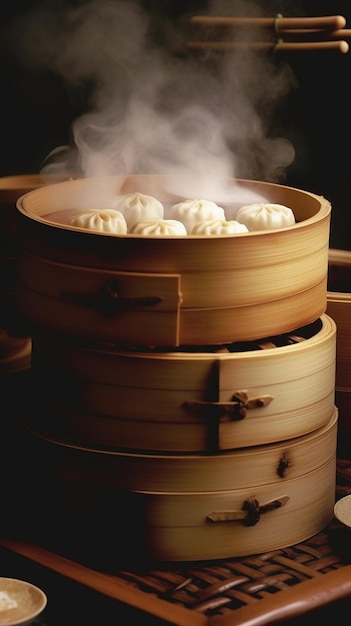 A stack of bamboo steamers with steam rising from the topsteamed dumpling dim sum inside