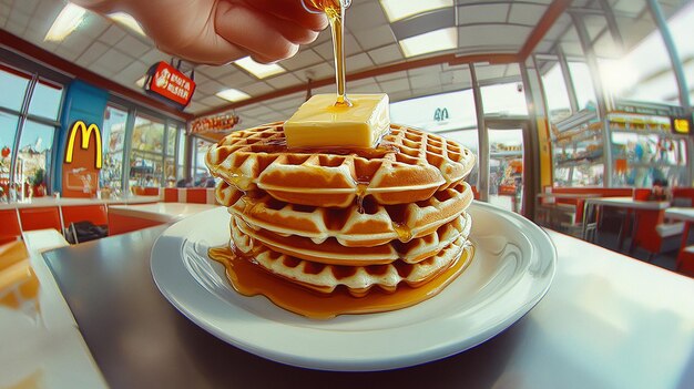 Photo a stack of belgian waffles with a slab of butter on a plate and a hand pouring syrup on it in a mcdo