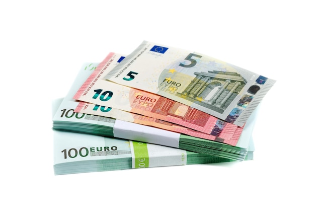 Stack of bills with 100 10 and 5 euros