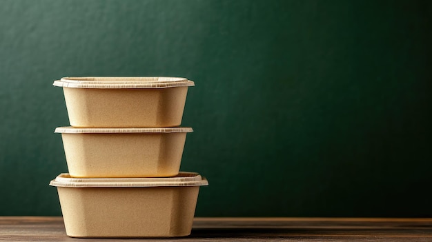 A stack of biodegradable takeaway containers made from recycled materials with space for copy