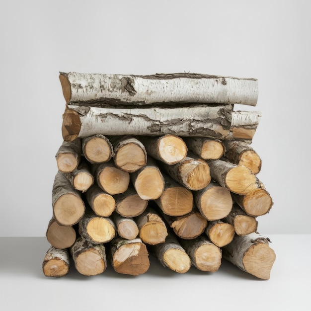 Photo stack of birch logs arranged in a square shape on a white background