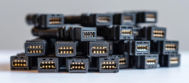 Photo stack of black and blue rectangular cables with female connectors in the style of u anthropomorphic