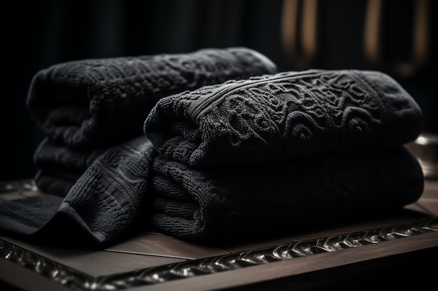 A stack of black towels with a dragon design on the top.