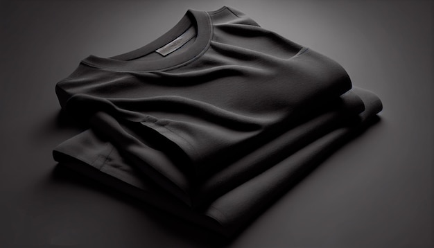 Stack of black tshirt covers on a dark gray table background Black Friday sale concept generative ai