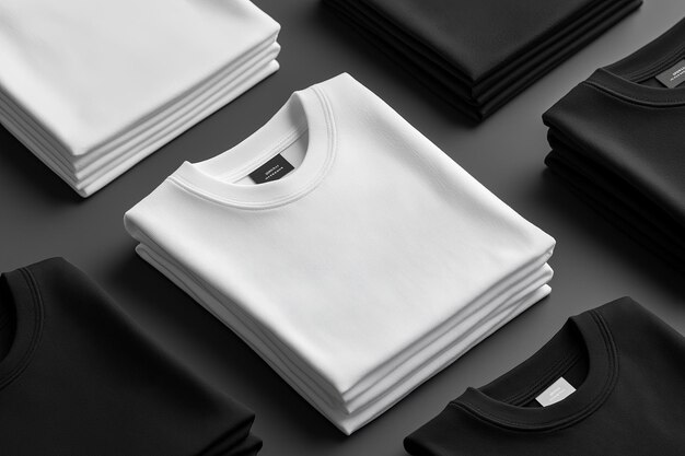 Photo stack of black and white folded clothes on dark background mockup