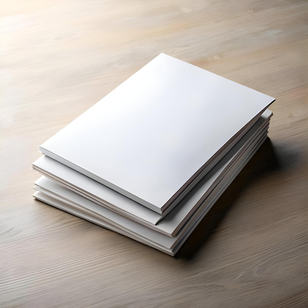 Stack of blank white brochures on a wooden table perfect for showcasing your design or brand