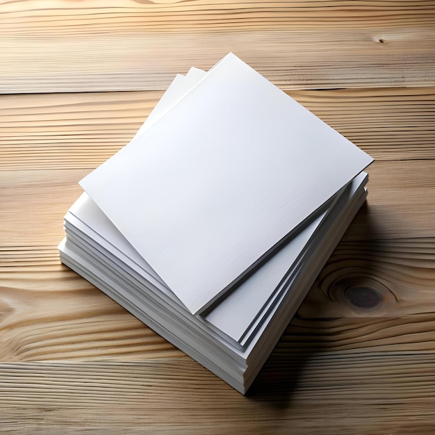 A stack of blank white papers on a wooden surface