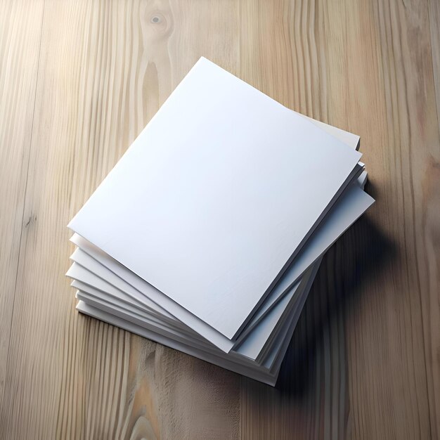 Stack of blank white papers on a wooden table perfect for showcasing your design or branding