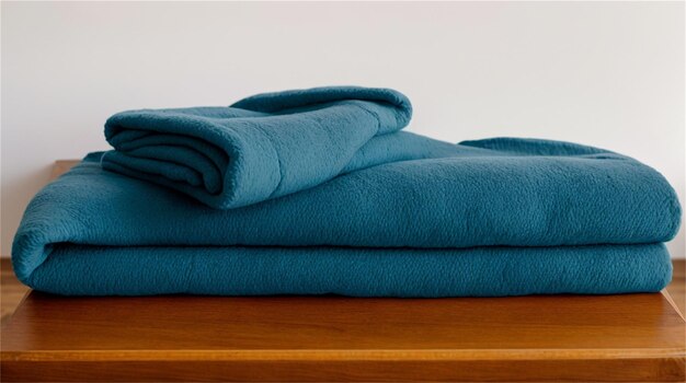 A stack of blue blankets on a table