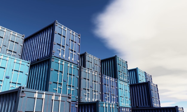 Stack of blue container boxes with sky background Cargo freight shipping for import and export logistics Business and transportation concept 3D illustration rendering