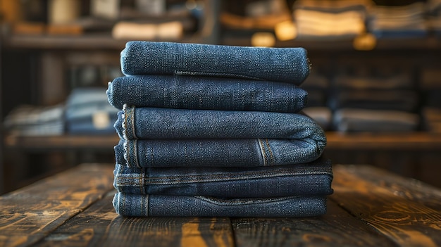 Photo a stack of blue jeans sits on a table