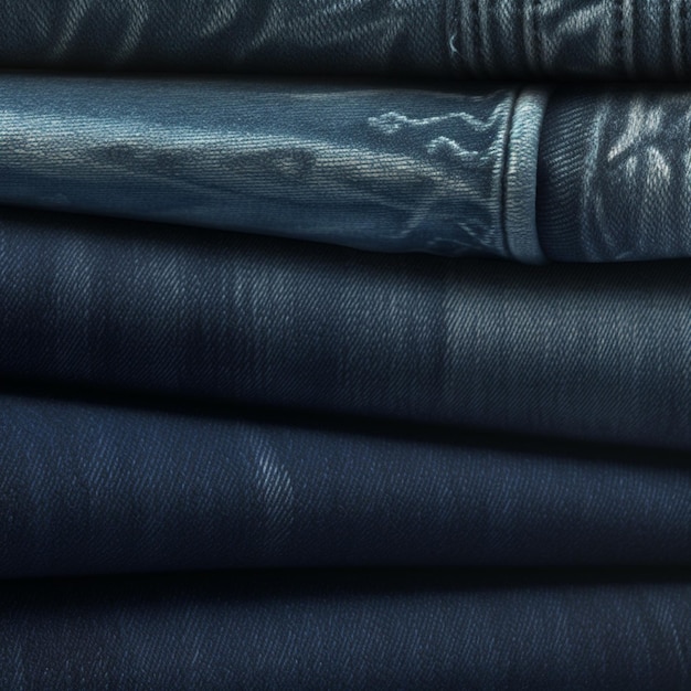 A stack of blue jeans with the word denim on the bottom.