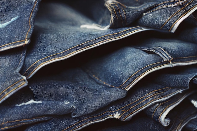 A stack of blue jeans with the zippers on the side