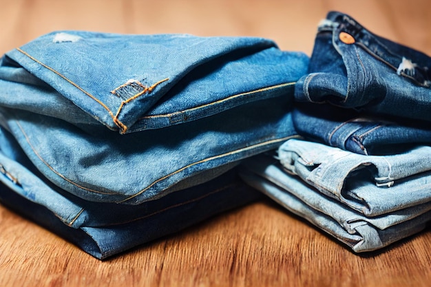 A stack of blue jeans on a wooden floor