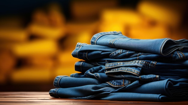 Stack of blue jeans on a wooden table Stacks of yellow clothes on the blurred background Fashion and retail concept Copy space