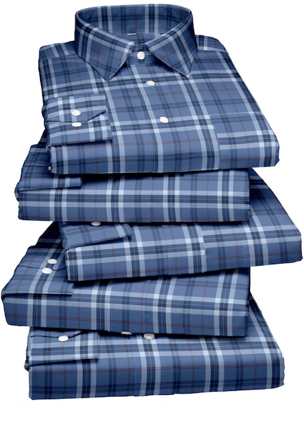 A stack of blue plaid men's shirts, one of which is blue and the other is blue.