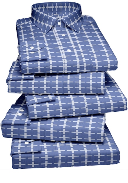 A stack of blue plaid shirts with the word blue on them