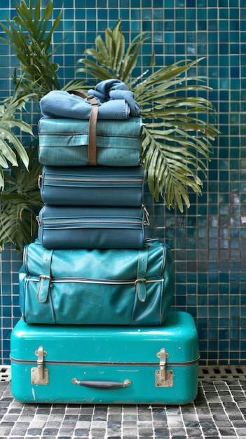 Photo a stack of blue suitcases and a green suitcase are piled on top of each other