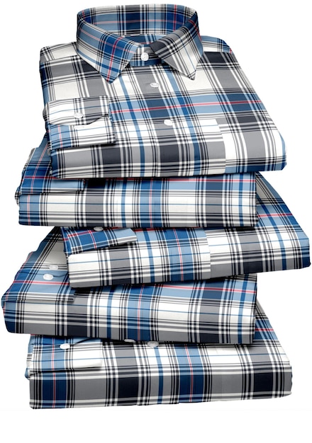 A stack of blue and white plaid shirts with the word men on them.