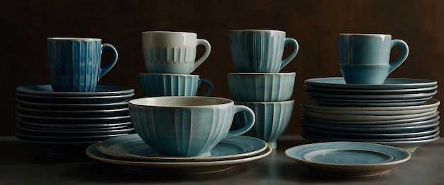 Photo a stack of blue and white plates and cups are on a table