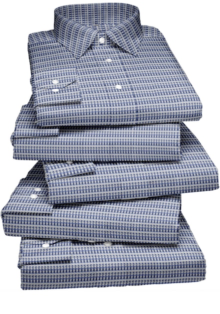 A stack of blue and white striped shirts with the word men's on them