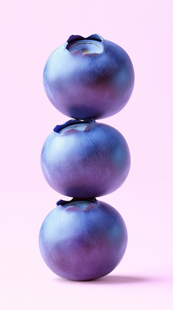 A stack of blueberry fruit balancing on top with pink solid background