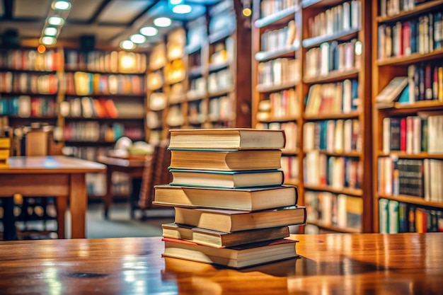 stack of books against the background of library