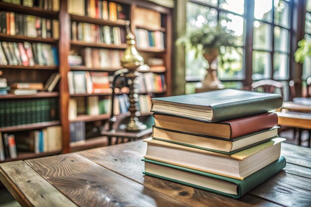 stack of books against the background of library