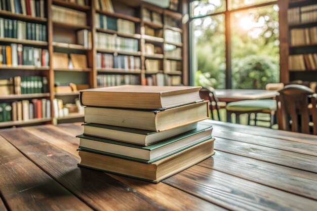 stack of books against the background of library