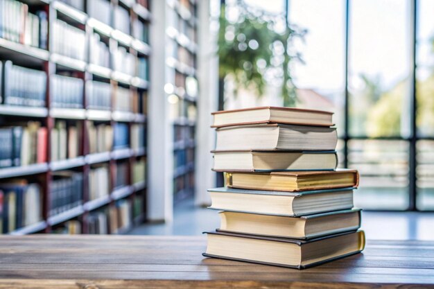 stack of books against the background of library