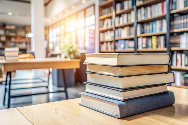 stack of books against the background of library