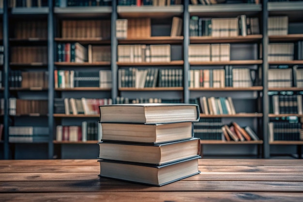 stack of books against the background of library