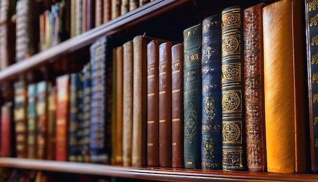 Stack of books against the background of library