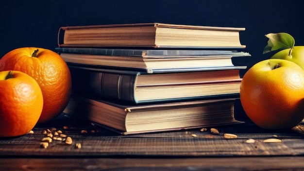 A stack of books apples and oranges lie on a wooden table with a black background Retro books with