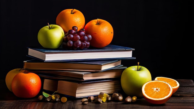 A stack of books apples and oranges lie on a wooden table with a black background Retro books with