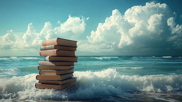 Photo a stack of books on the beach with the ocean in the background