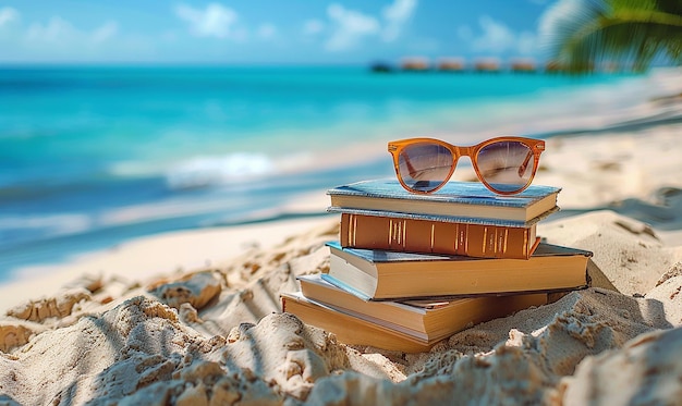 a stack of books on a beach with sunglasses on top of them