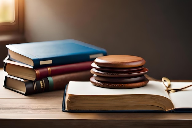 Photo a stack of books on a desk with a blue book on the right