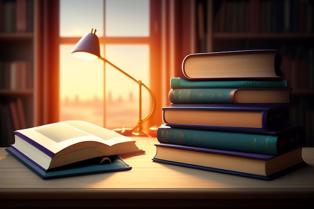 A stack of books on a desk with a lamp that says  books .