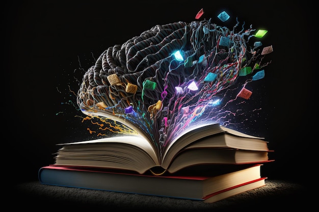 Stack of books fantastic levitation glowing brain and colorful splash