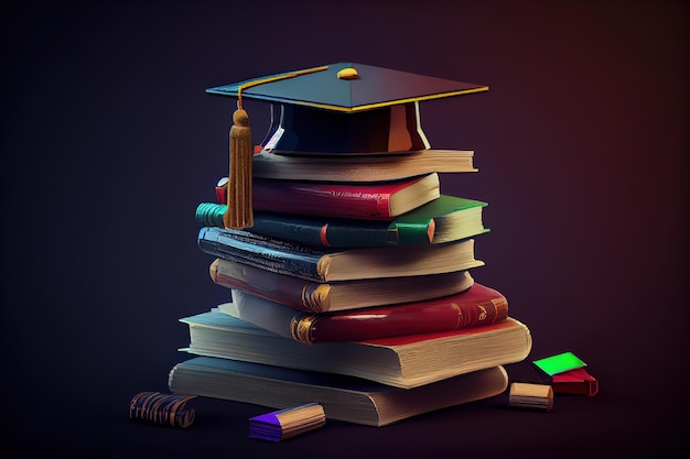 Stack books graduate hat and diploma in front of green chalkboard Generative Ai