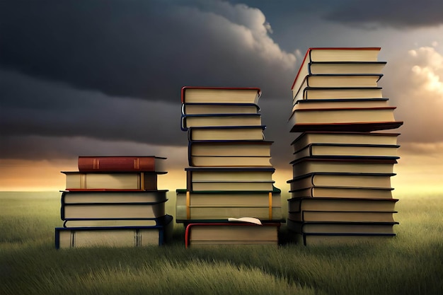 A stack of books is surrounded by a cloudy sky.