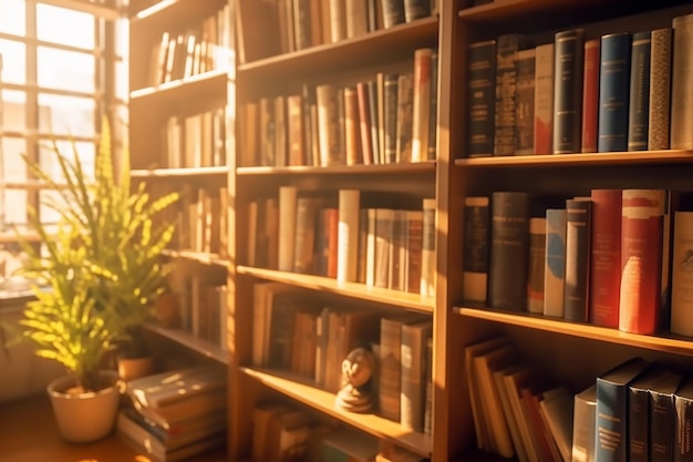 Stack of books is on a table in a library