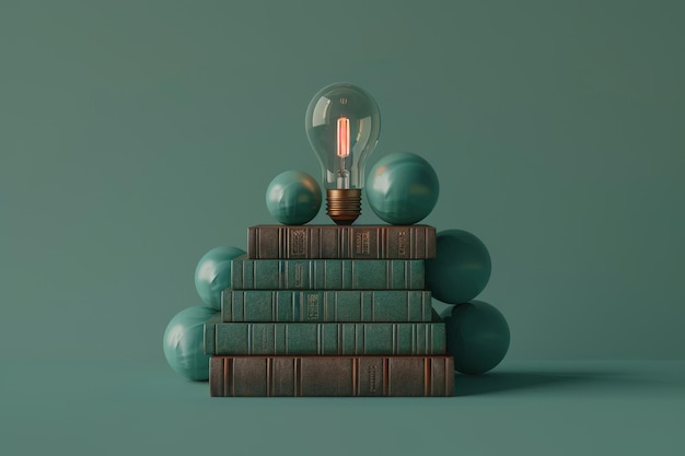 Photo a stack of books is on top of a light bulb which is lit up