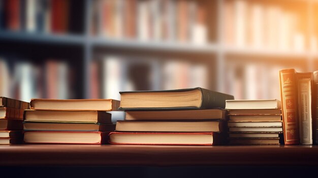 Stack of books in the library and blur bookshelf background 8k resolution