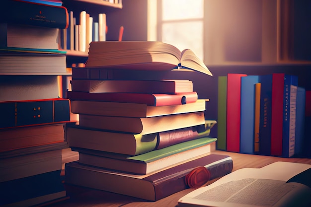 Stack of books lying on table in bookstore Generative AI